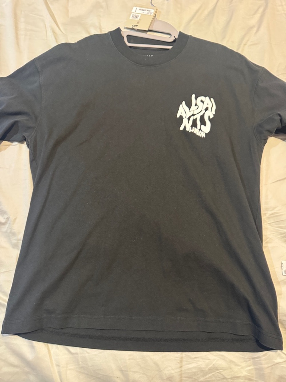AllSaints Black Tee with White Graphic Chest Logo